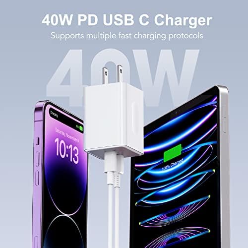 【2023 חדש】 40W מטען קיר USB-C, [MFI מוסמך] יציאה כפולה 20W PD 3.0 USB סוג C מתאם תקע חסימת טעינה מהיר עם כבל